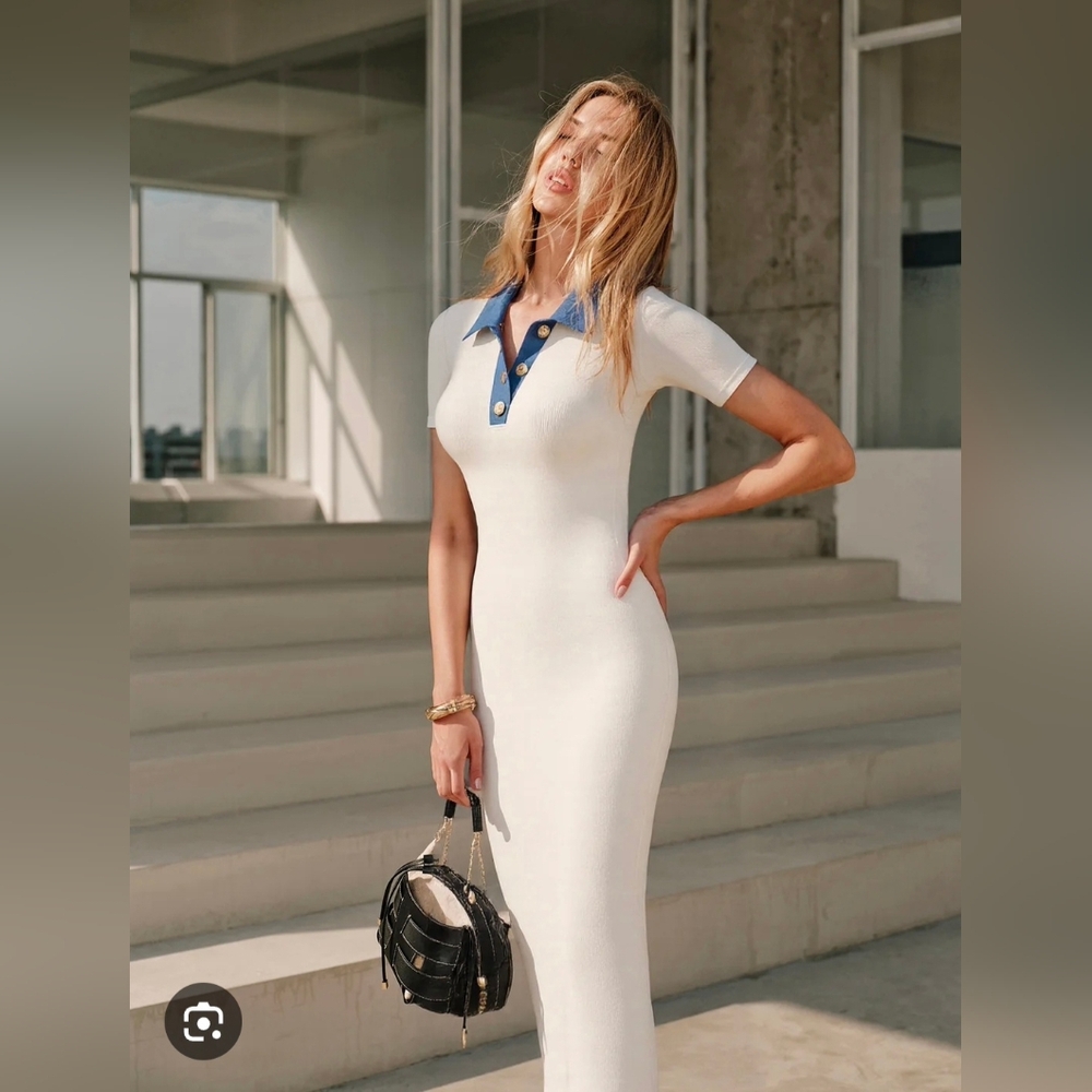 Slim White Midi Polo Dress with Blue Collar